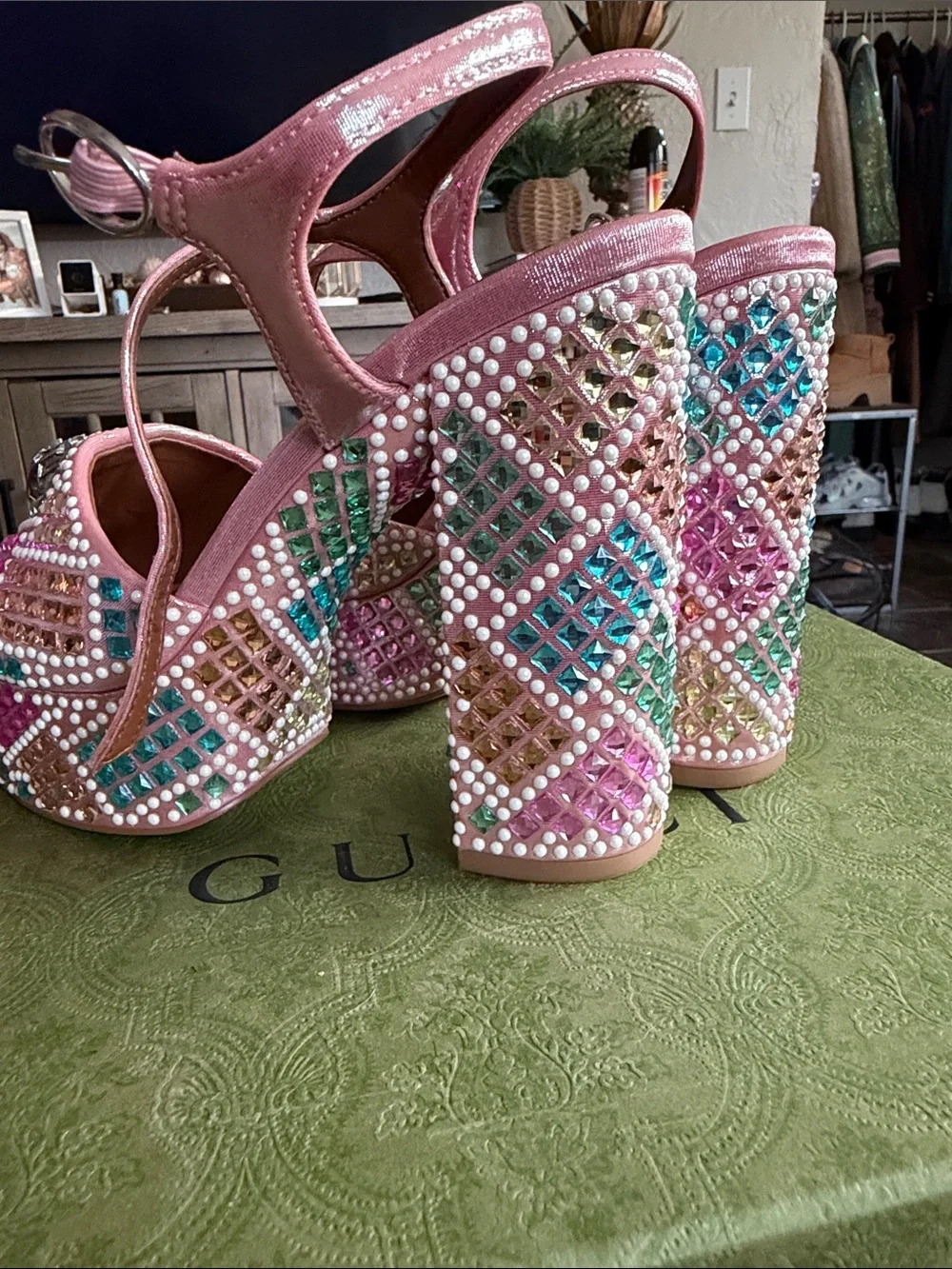 Kurt Geiger Pink Multicolor Crystal Platform Sandals